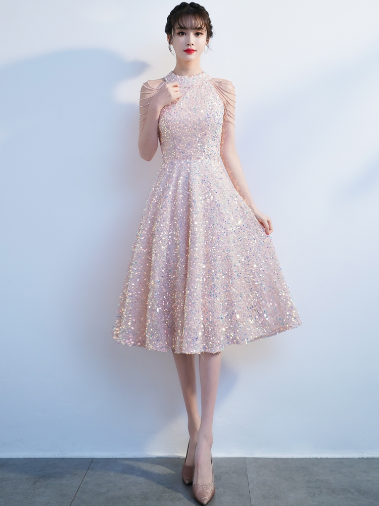 Lovely Pink Sequins Short Bridesmaid Dress, Sequins Round Neckline Short Prom Dress