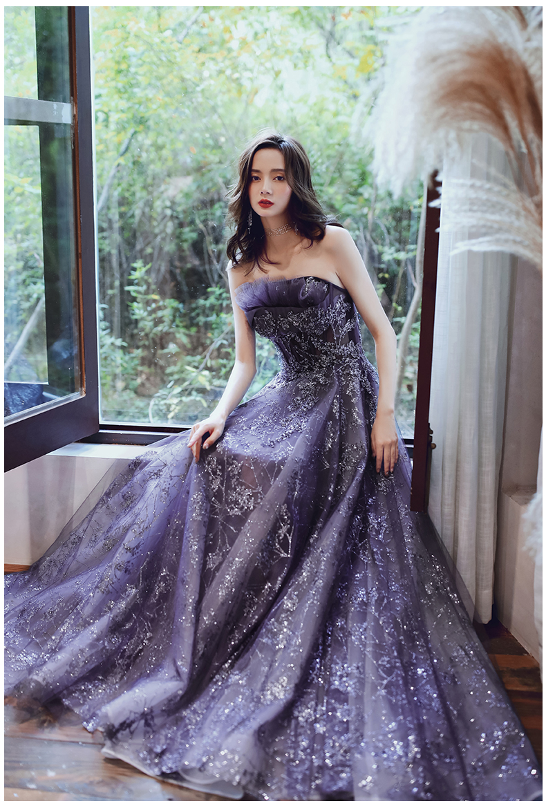 Buy Starry Purple Prom Dress Long Short Puffy Sleeve Square Neck Ball Gown  Sparkle Glitter Dress Bow Formal Dress Crossed Straps Bridal Dress Online  in India - Etsy