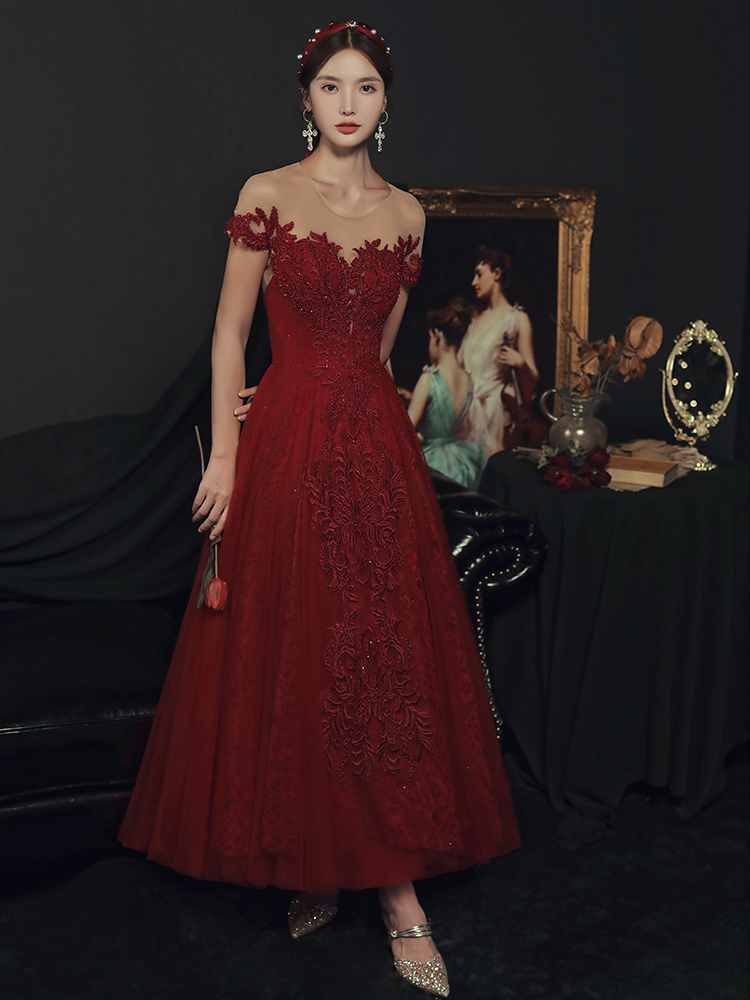 Red A-line Round Neckline Long Wedding Party Dress, Red Long Formal Dress