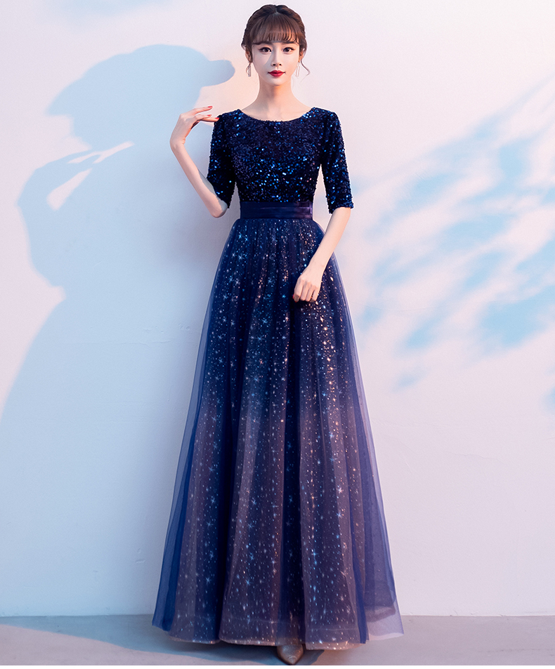 Navy Blue Sequins And Tulle Short Sleeves Bridesmaid Dress, Blue Long Party Dress Evening Dress