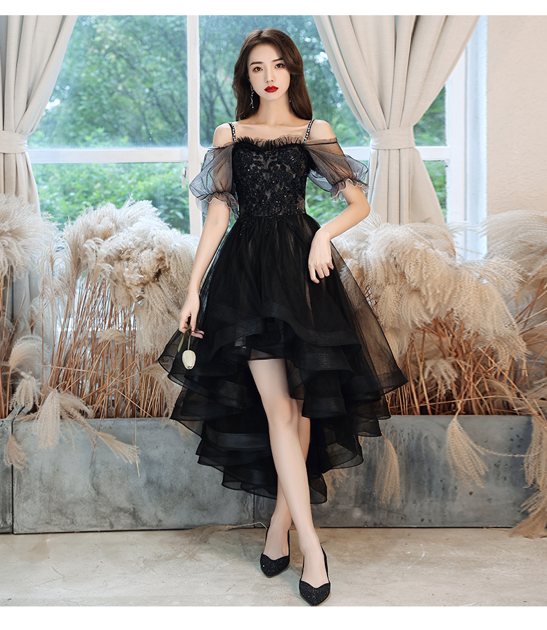 Black Tulle Short Sleeves High Low Party Dress, Tulle Black Formal Dress Prom Dress