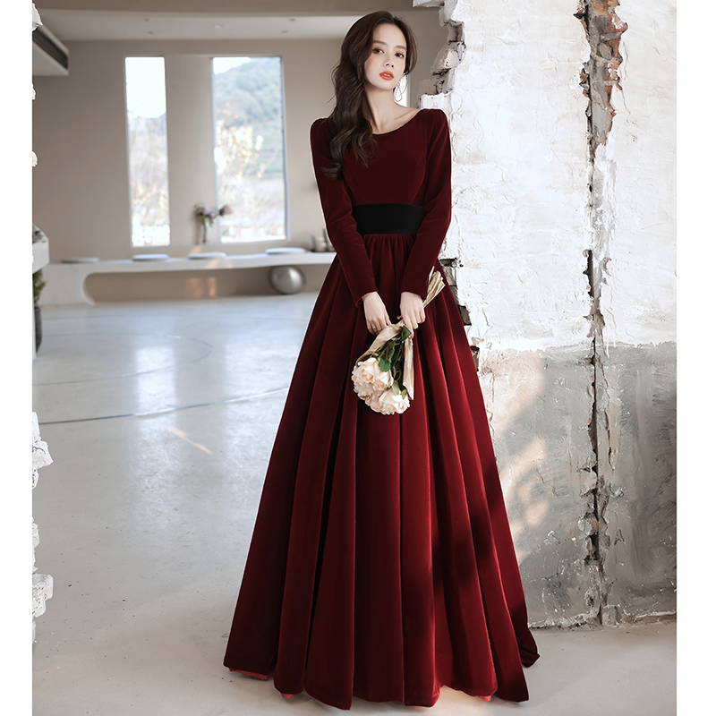 Elegant Wine Red Velvet Long Sleeves Formal Dress, Long Dark Red Wedding Party Dress
