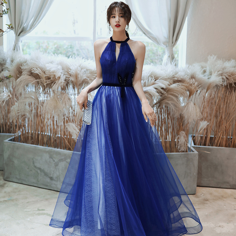 Royal Blue Tulle Halter Floor Length Party Dress, A-line Floor Length Unique Style Prom Dress