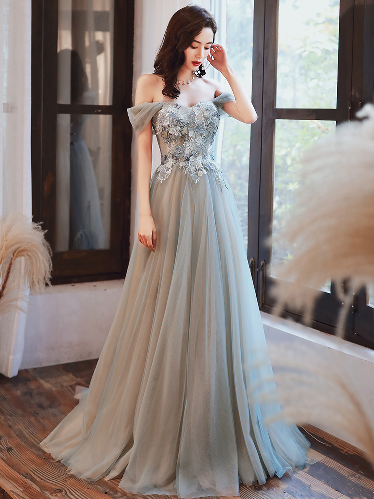 Simple Sweetheart Lace Top Off Shoulder Tulle Party Dress, Style Long Prom Dress