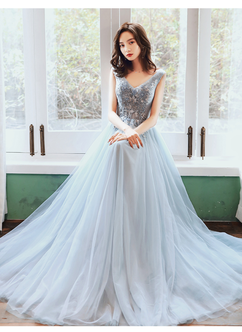 Light Blue V-neckline Tulle Long Wedding Party Dress, Floor Length Blue Evening Dress