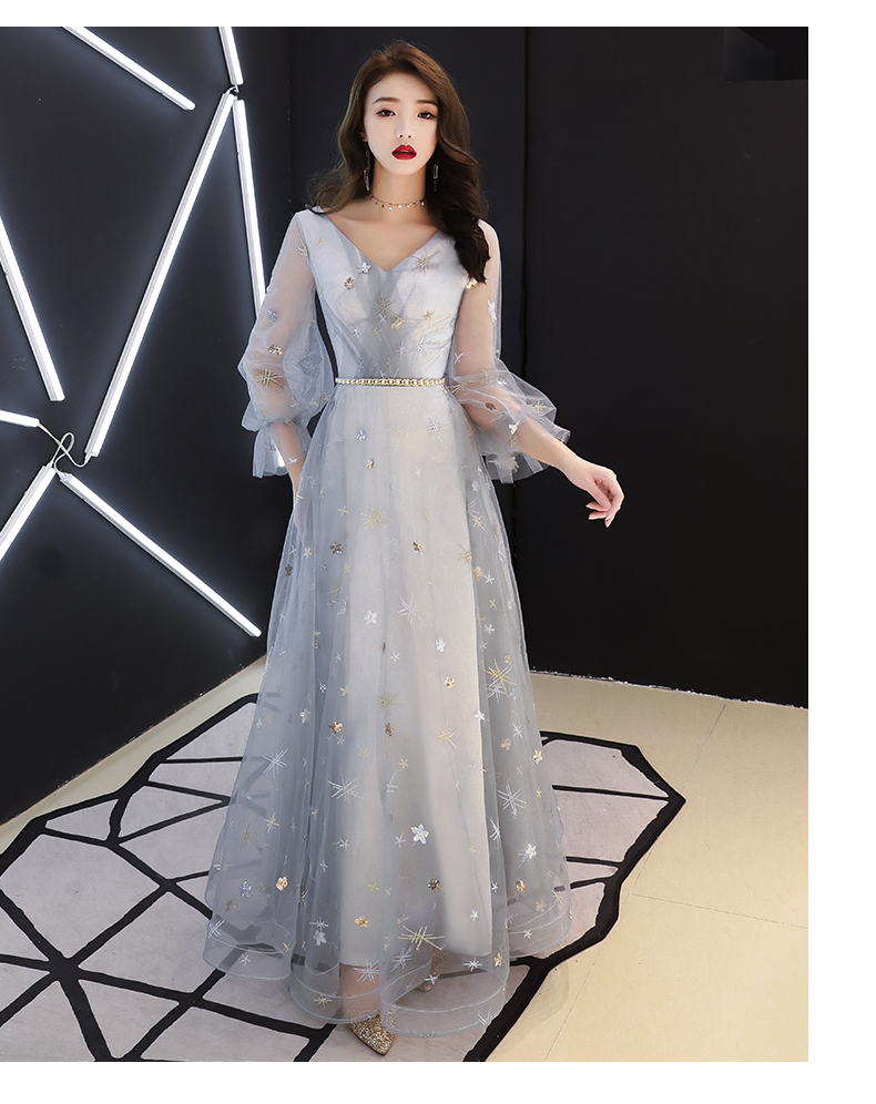 Light Grey Long Sleeves Beautiful Long Party Dress With Belt, Long Formal Dress Evening Gown
