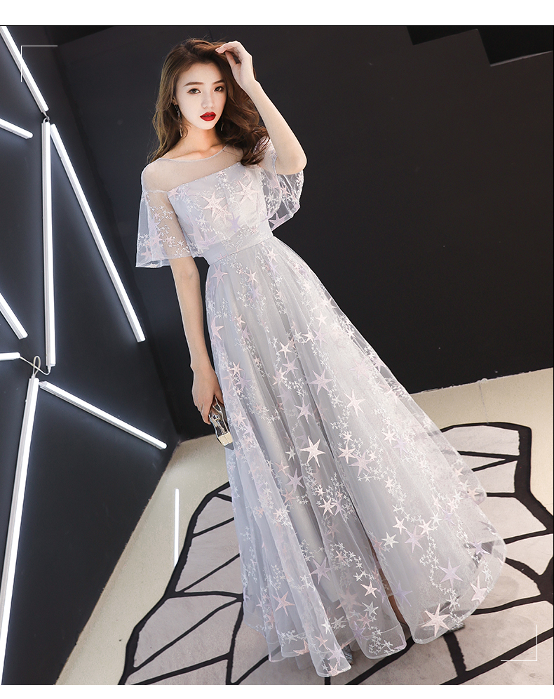 Light Grey Stars Long Tulle Simple Bridesmaid Dress, A-line Tulle Prom Dress Evening Dress