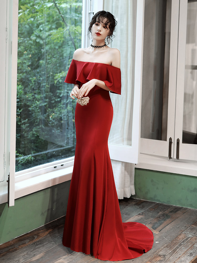 Red Off Shoulder Mermaid Long Evening Dress, Red Long Formal Dress Party Dress