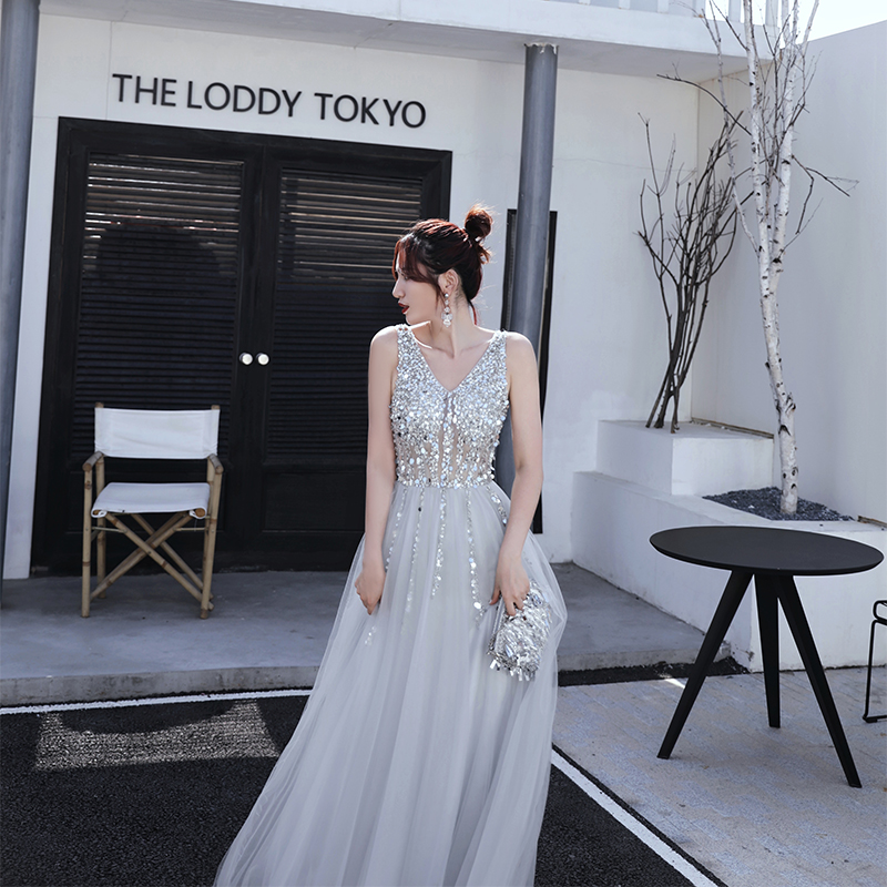 Long Tulle Dress with Deep V Neck Satin Sash Decor Silver Plus Size