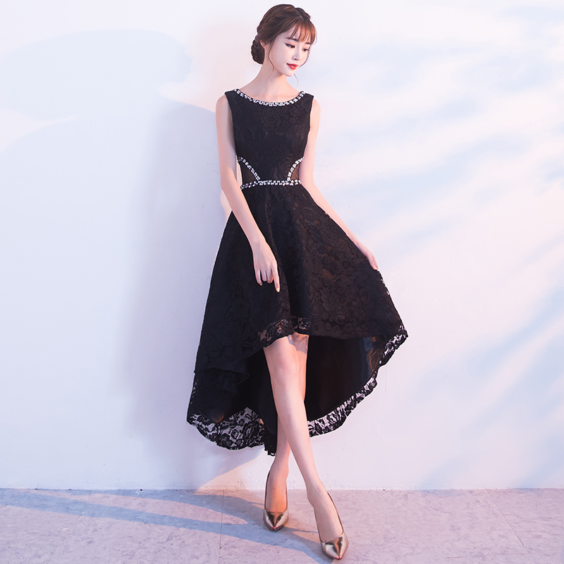 Lovely Black Lace High Low Beaded Short Party Dress, Black Homecoming Dress Formal Dress