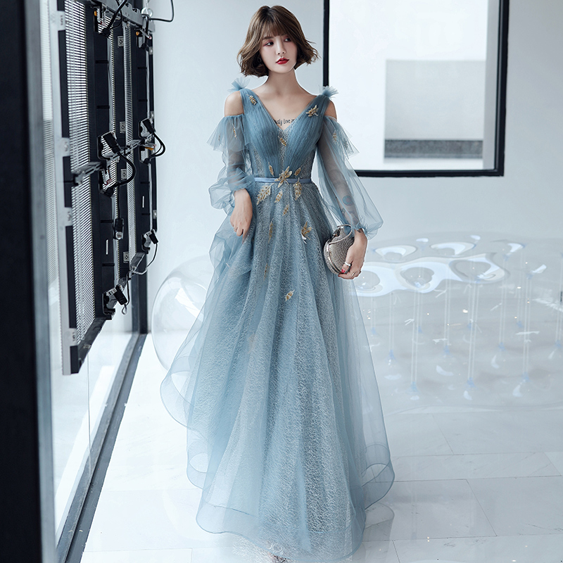 Blue Tulle V-neckline Puffy Long Sleeves Prom Dress, Blue A-line Long Party Dress 2021