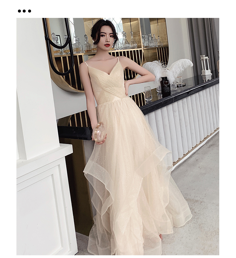 Light Champagne V-neckline Straps Long Tulle Evening Dress, A-line Layers Tulle Formal Dress Party Dress