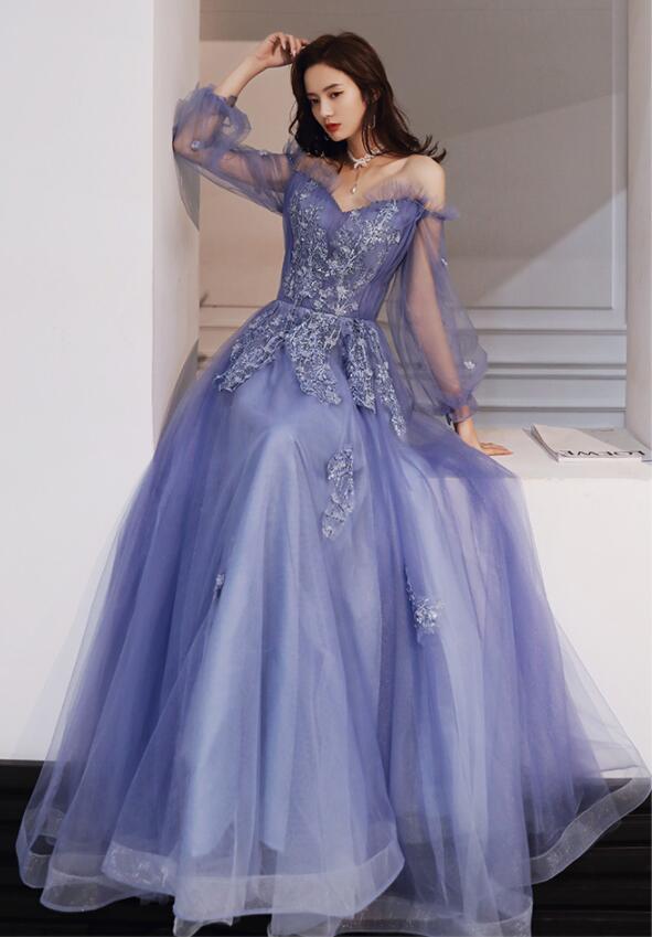 Blue Purple Tulle Long Sleeves Lace Applique Formal Gown, Blue-purple Evening Dress Prom Dress