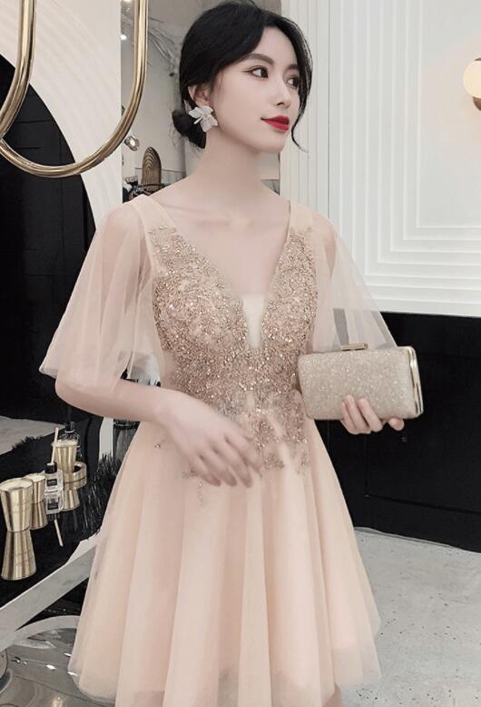 Light Champagne Tulle Short Lace Applique Party Dress With Short Sleeves, Tulle Homecoming Dress