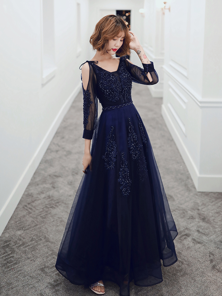 Navy Blue Tule Long Sleeves Straps Lace And Beaded Prom Dress, Blue Formal Gown