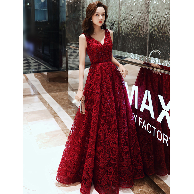 Dark Red Lace V-neckline Floor Length Evening Gown, Wine Red Long Party Dress on Luulla Dark Red Lace V-neckline Floor Length Evening Gown, Wine Red Long Party Dress on Luulla