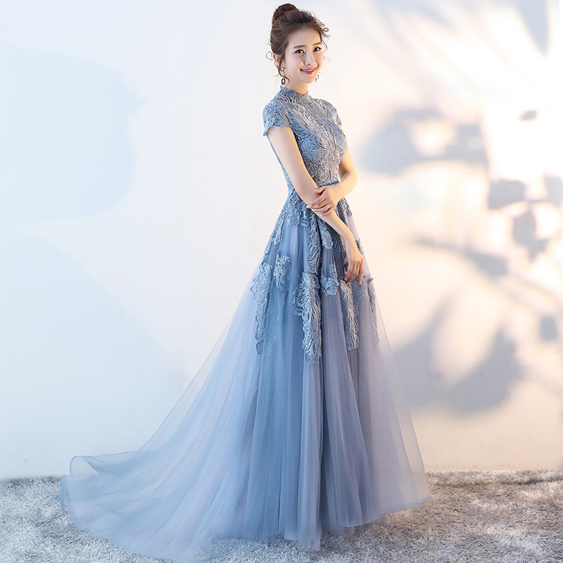 Blue Lace High Neckline Tulle Long Party Dress, Beautiful A-line Lace Prom Dress