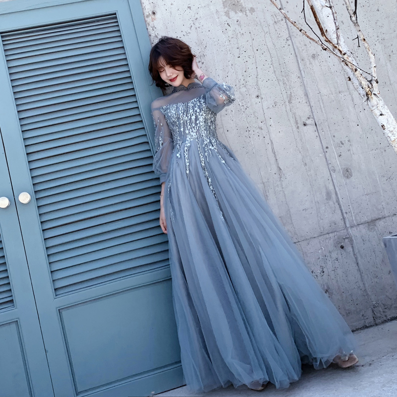 Blue Long Sleeves Tulle Puffy Sleeves Prom Dress, Long Blue Evening Dress Party Dress
