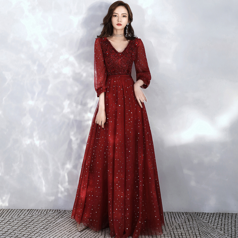 Wine Red V-neckline Floor Length Party Dress With Lace, Elegant Wine Red Prom Dress