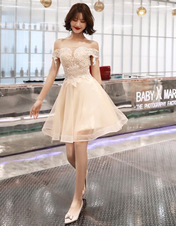 Lovely Light Champagne Cute Short Off Shoulder Party Dress, Lace Applique Formal Dress Homecoming Dress