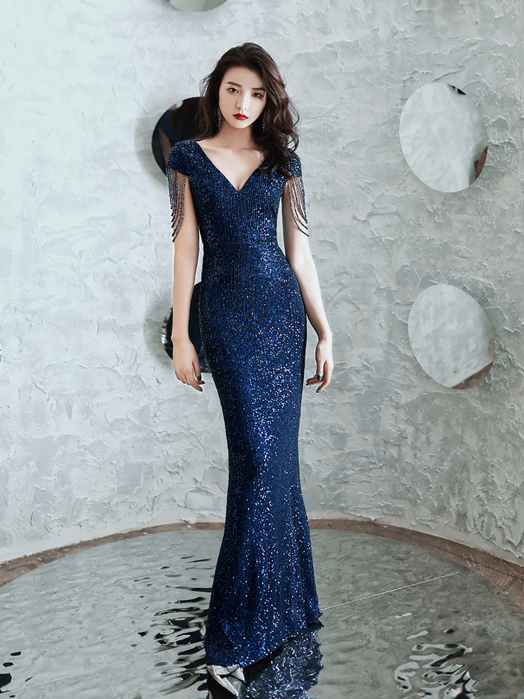 Navy Blue Sequins Mermaid Long Prom Dress, V-neckline Sequins Evening Gown