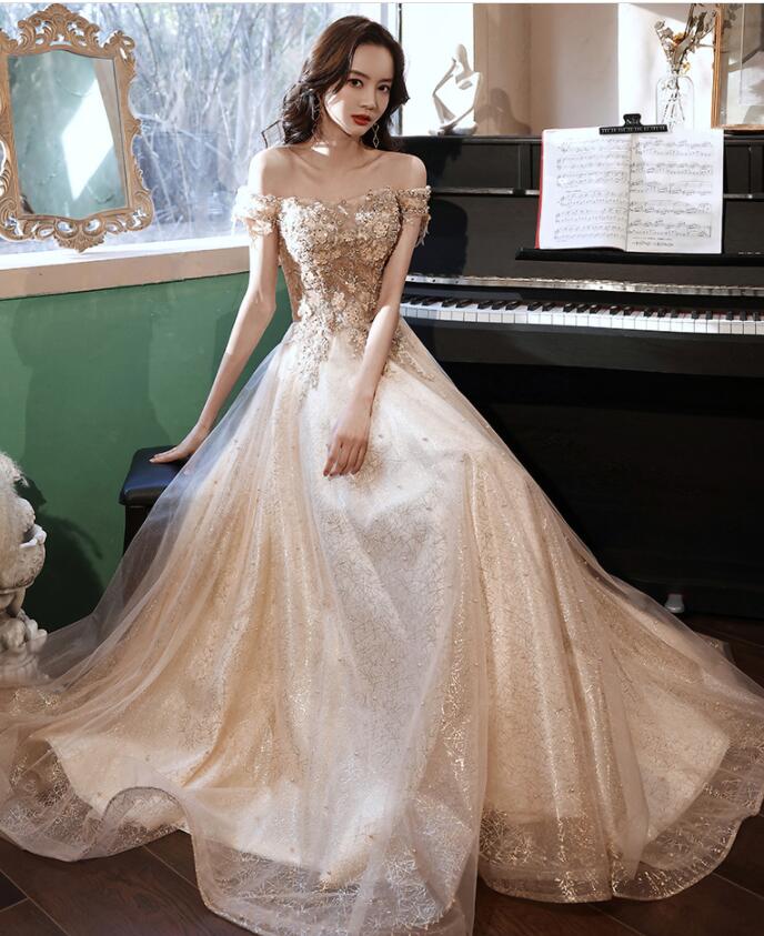 Beautiful Light Champagne Long Flowers Lace Party Dress, Tulle Shiny Prom Dress