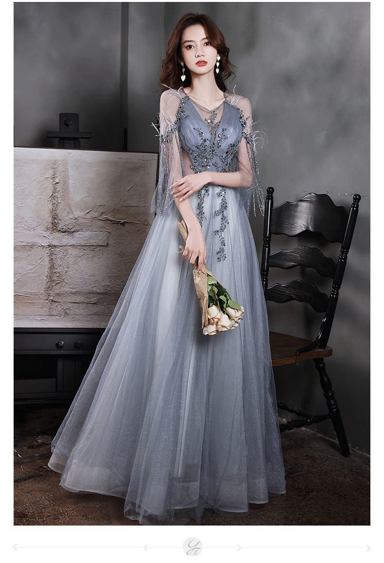 Grey V-neckline Beaded Tulle Long Formal Dress Evening Dress, V-neckline Floor Length Party Dress