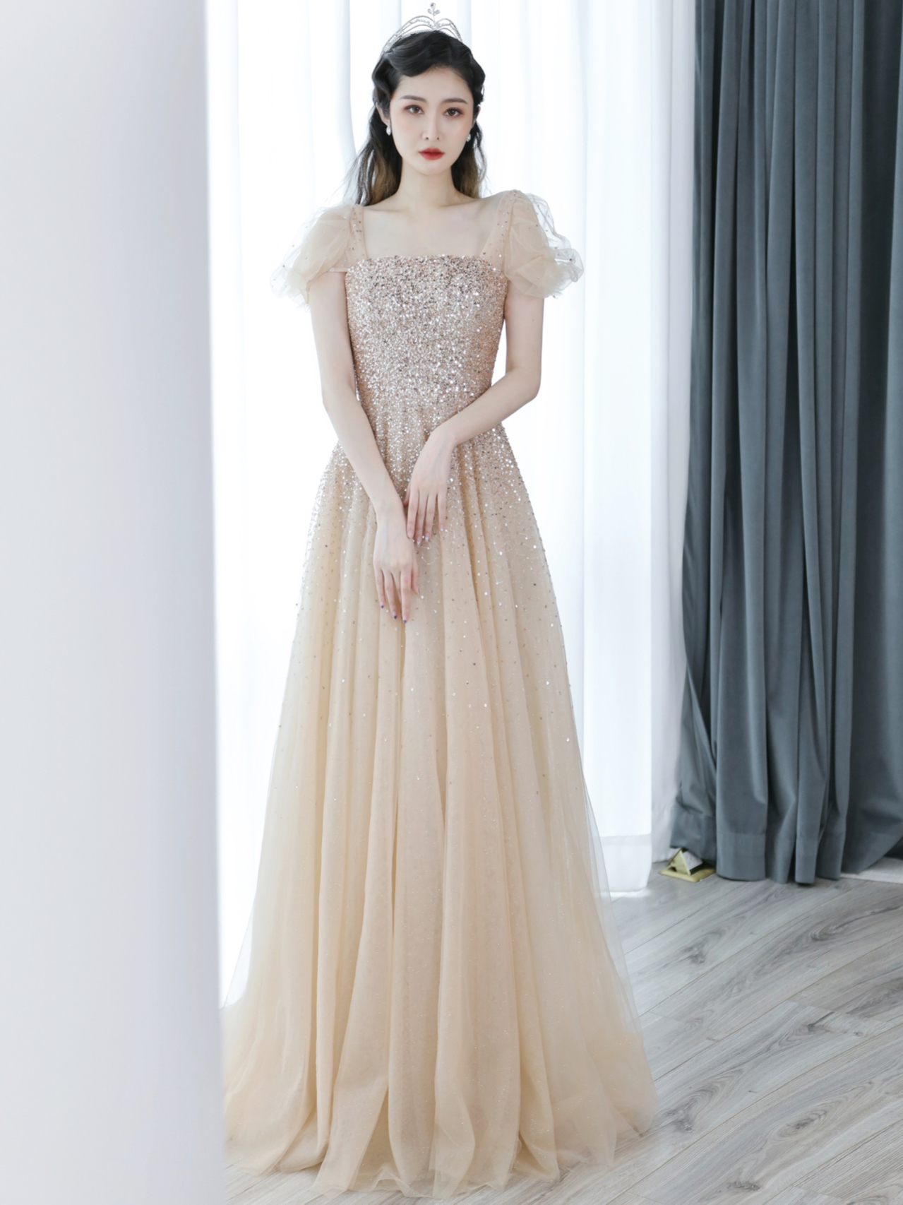 Light Champagne Sequins And Tulle Princess Long Prom Dress, A-line Long Formal Dresses