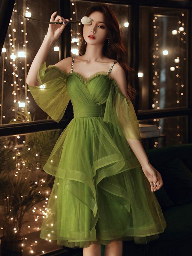Green Tulle Short Layers Straps Short Party Dress, Cute Short Green Homecoming Dress Prom Dress