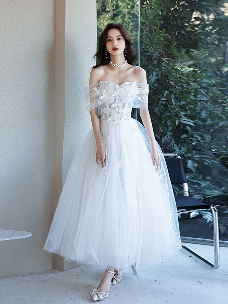 White Cute Off Shoulder Tea Length Party Dress, White Prom Dress Evening Dress