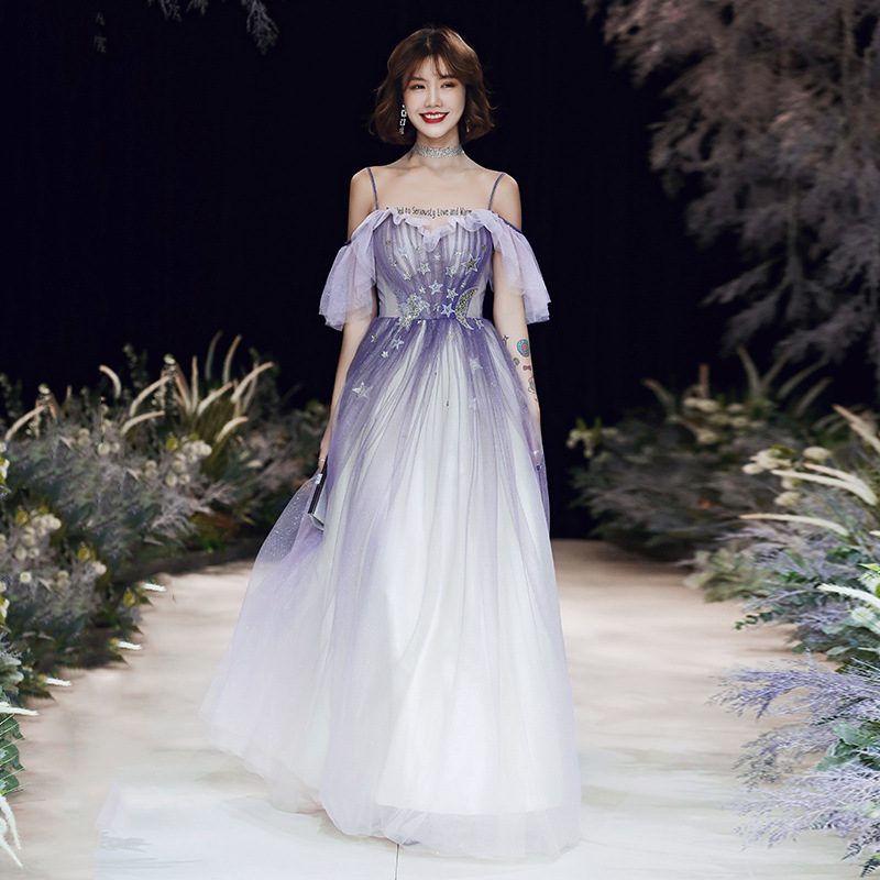 Lovely Purple Tulle Off Shoulder Gradient Long Evening Dress Party Dress, Cute Long Prom Dress