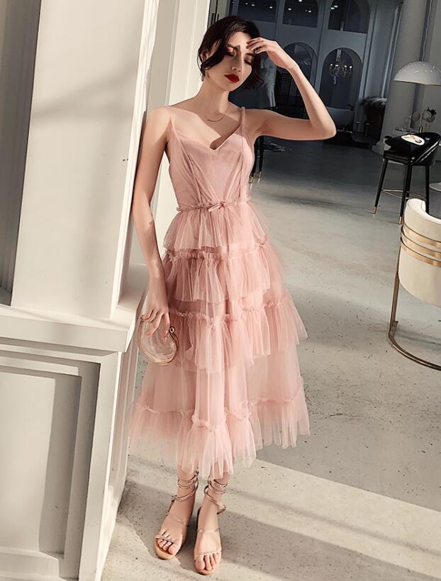 Lovely Light Pink Layers Tulle Cute Short Straps Party Dress, Pink Evening Dress Homecoming Dress