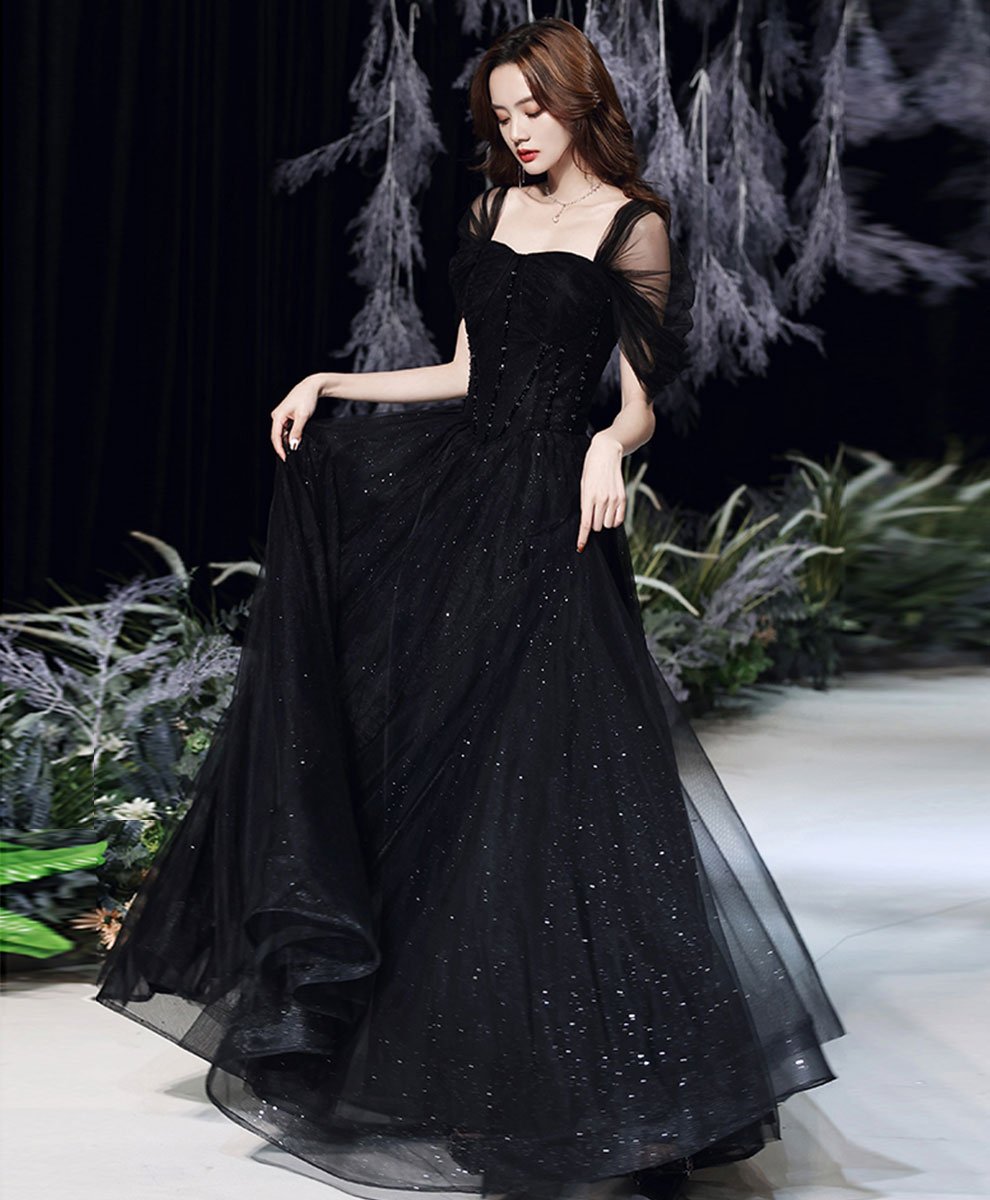 Black Elegant Off Shoulder Long Evening Dress Party Dress, Black A-line Prom Dress