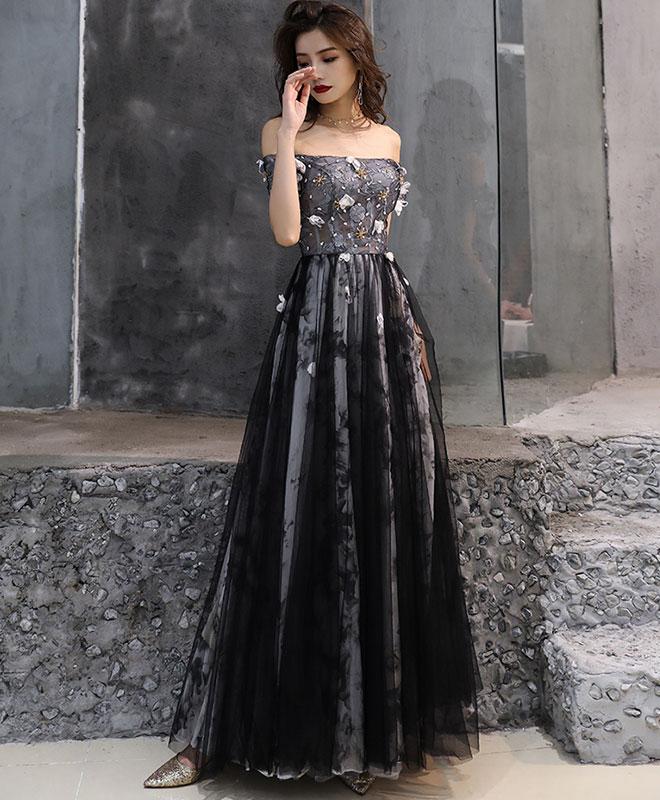 Black Floral Lace Elegant Long Evening Gown, A-line Style Black Party Dress