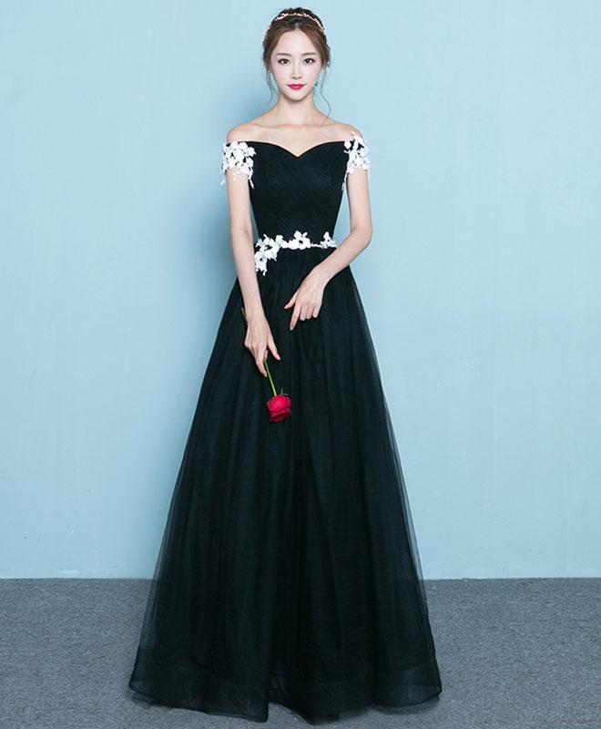 Black Tulle Simple Long Party Dress With White Flowers Party Dress, Black Bridesmaid Dress