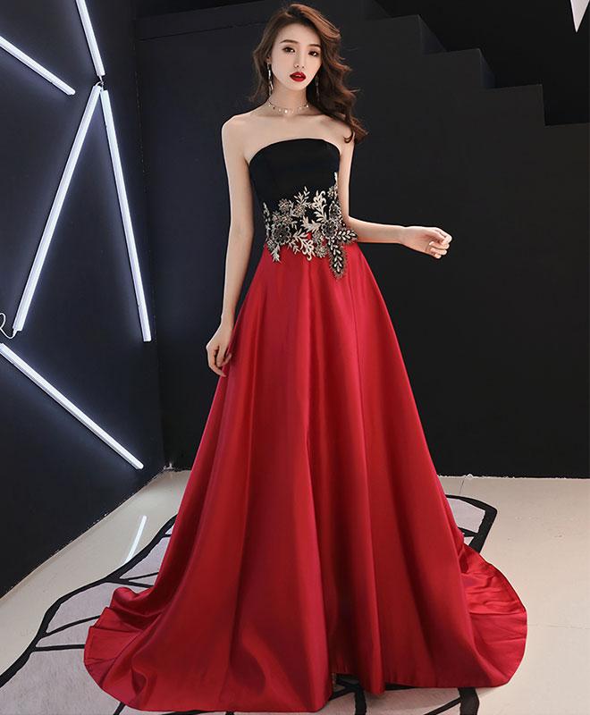 Red And Black Satin Long Evening Dress, A-line Floor Length Prom Dress