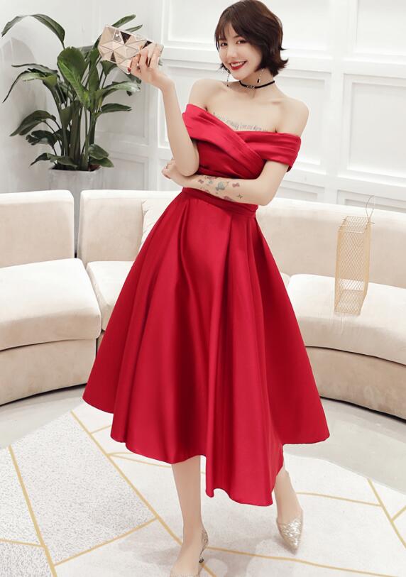 Red Satin Off Shoulder Tea Length Bridesmaid Dress, Red Party Dress Homecoming Dress