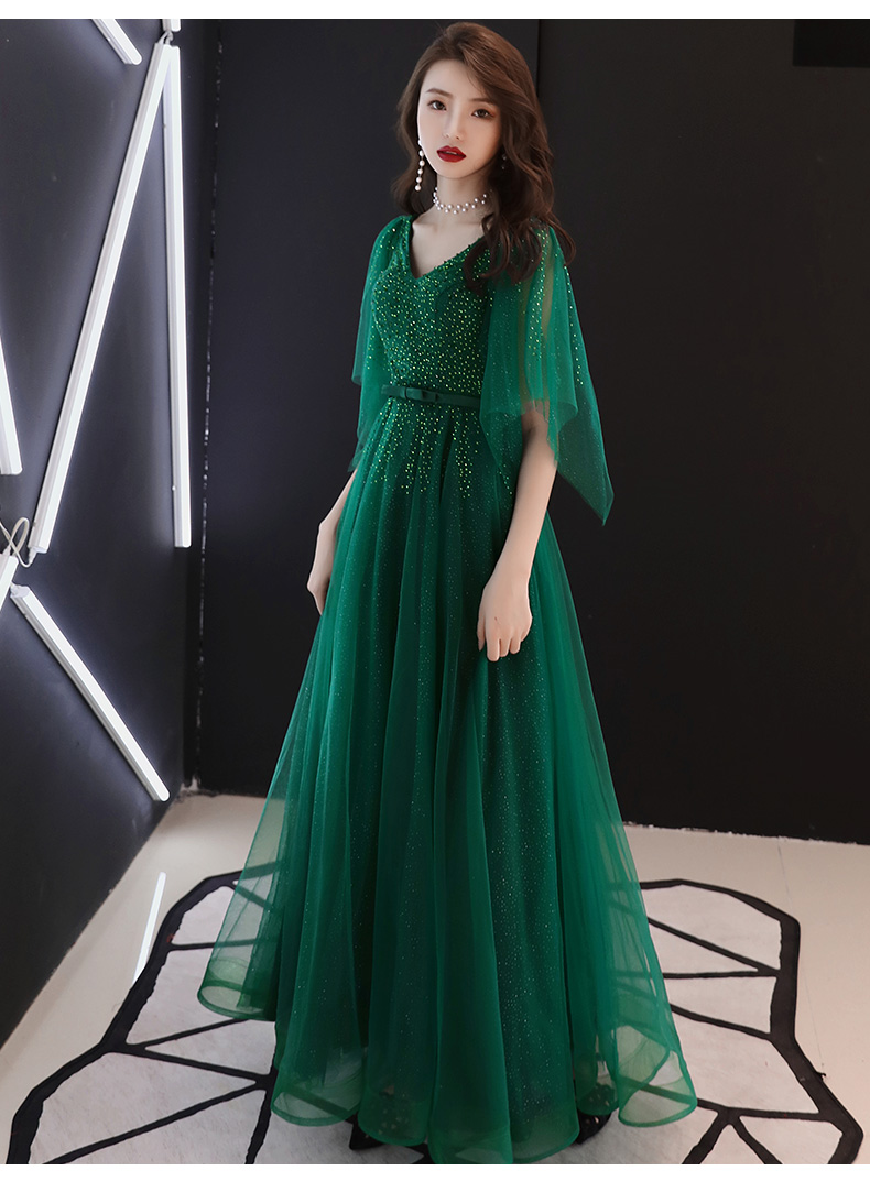 Green Beaded Tulle Long Evening Party Dress, A-line Lace-up Formal Dress