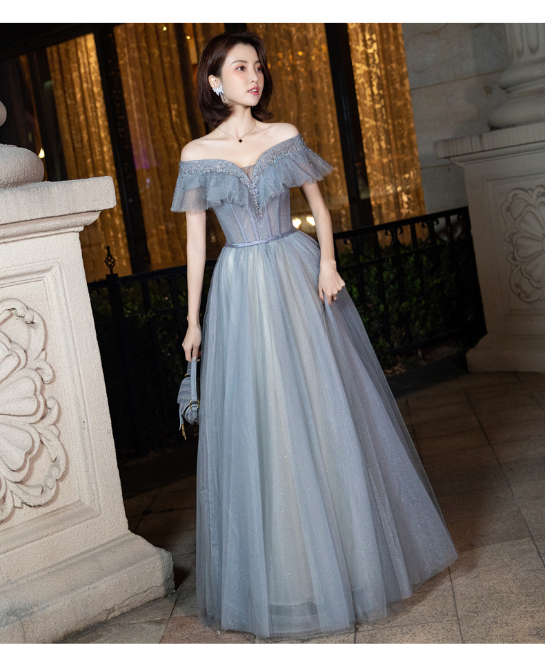 Lovely Grey Off Shoulder High Quality Long Party Dress, A-line Tulle Prom Dress Evening Dress