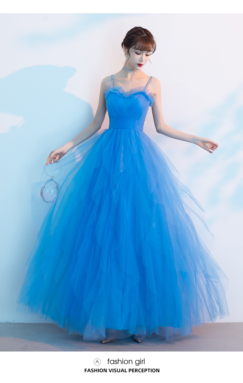 Blue Tulle Straps Long Cute Wedding Party Dress Formal Dress, Blue Prom Dress