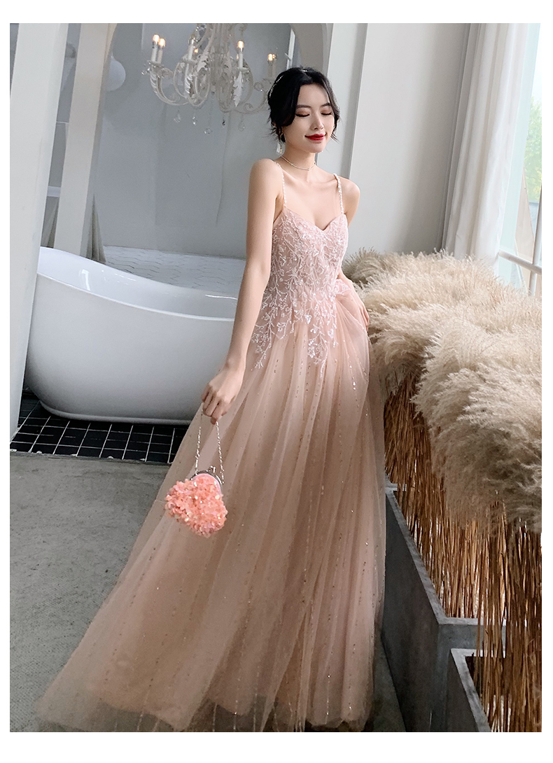 Pink Tulle Beaded V-neckline Straps Floor Length Evening Dress, Pink Formal Dress