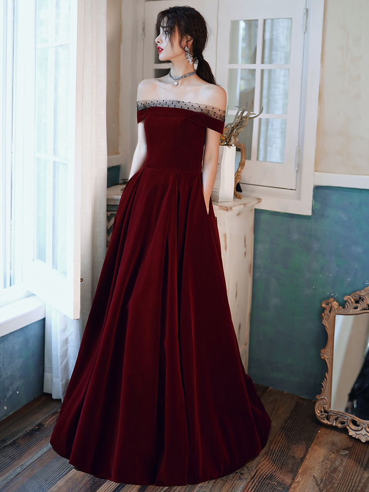 Elegant Wine Red Velvet Off Shoulder Long Prom Dress, Dark Red Long Evening Party Dress