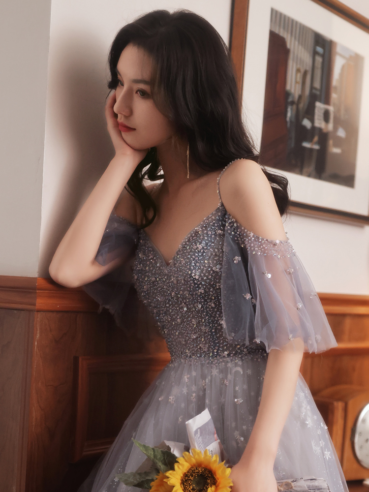 Beaded Tulle Shoulder Cut Long Dress