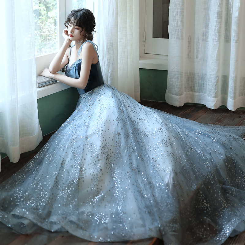 Blue Tulle And Velvet Straps Beaded Evening Dress, Blue Long Formal Gown Prom Dress