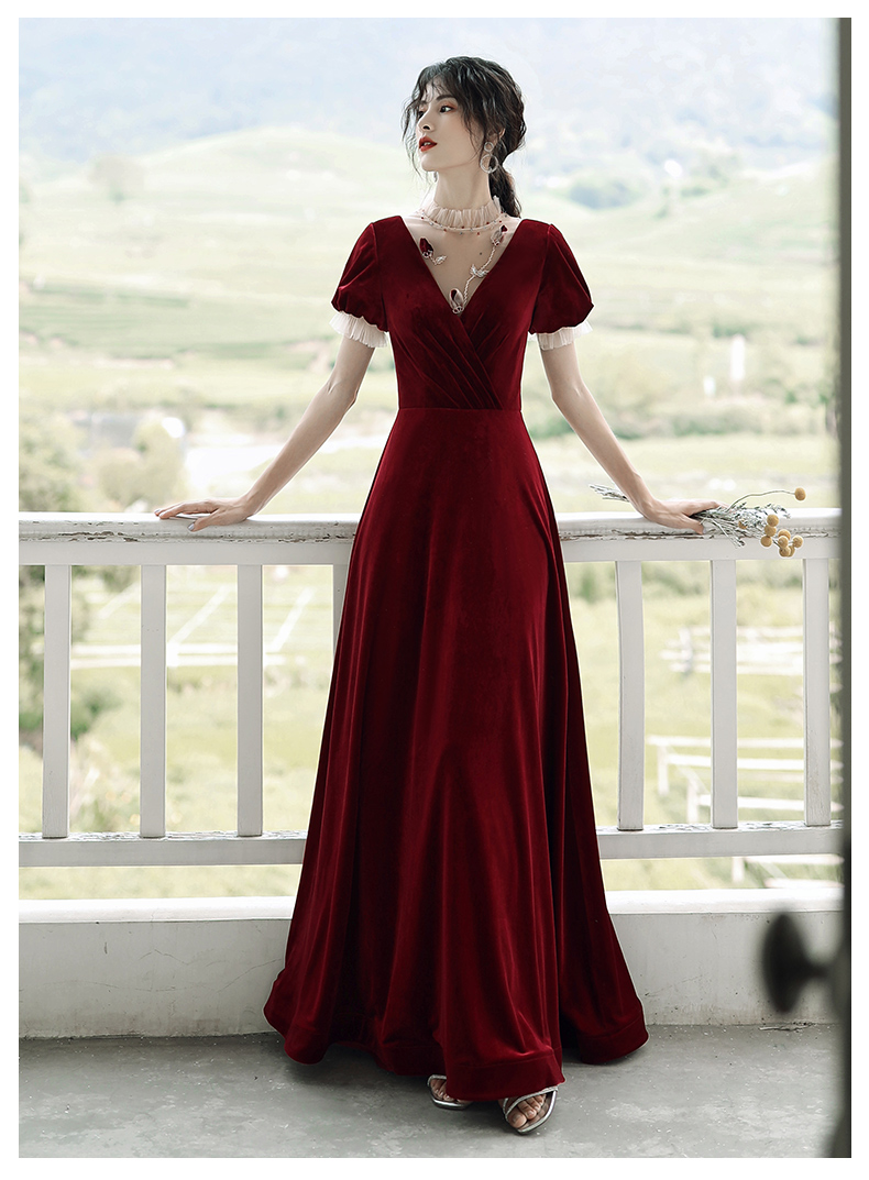 Wine Red Elegant Velvet Short Sleeves Wedding Party Dress Formal Dress, Dark Red Evening Dresss