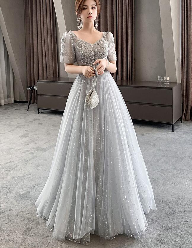 Light Grey Short Sleeves Tulle And Lace Lovely Party Dress, Long Tulle Prom Dress Party Dress