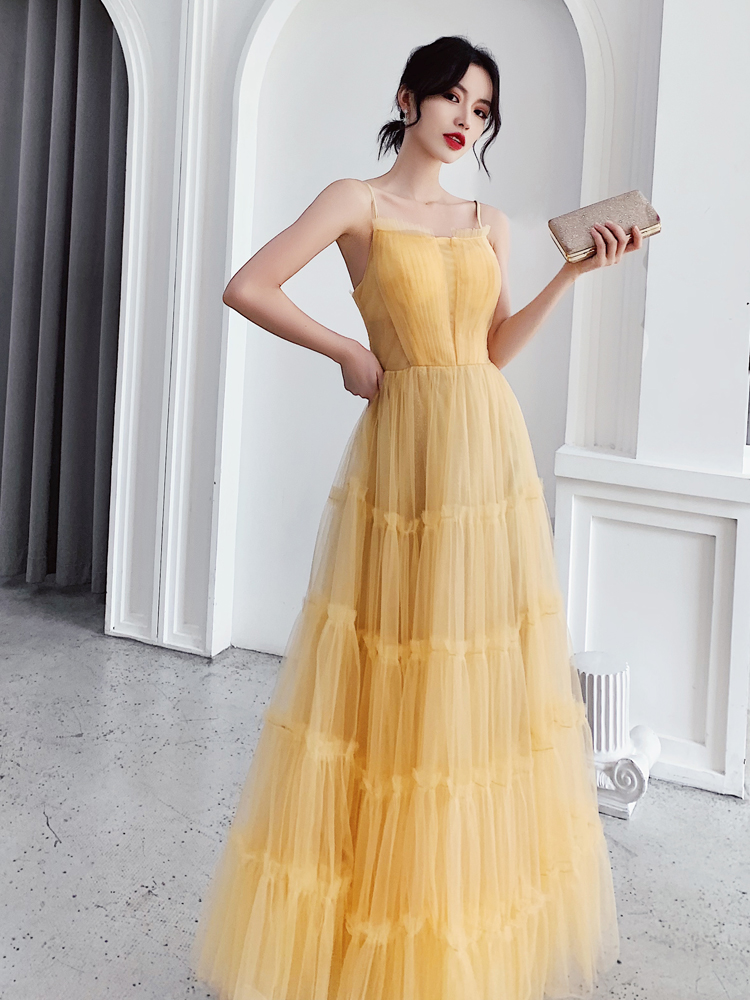 Light Yellow Straps Tulle A-line Long Evening Dress Formal Dress, Light Yellow Prom Dress