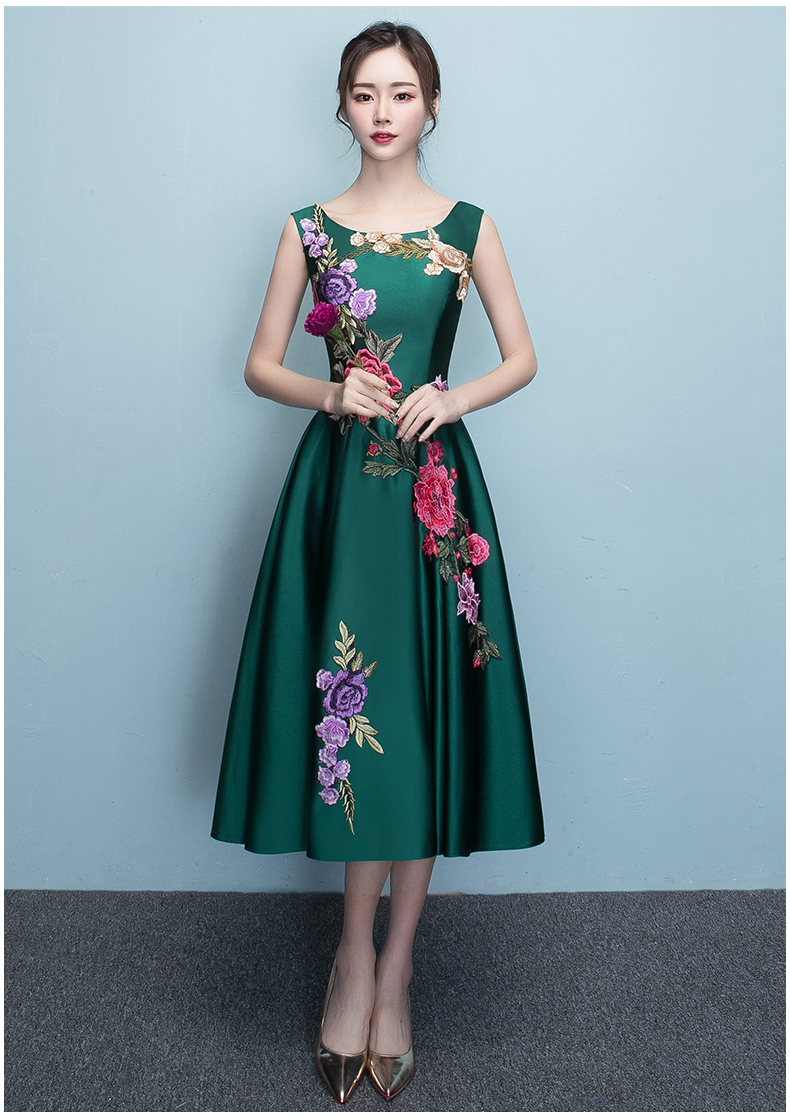 Dark Green Tea Length Round Satin With Embroidery Formal Dress, Green Weddin Party Dresses Prom Dress