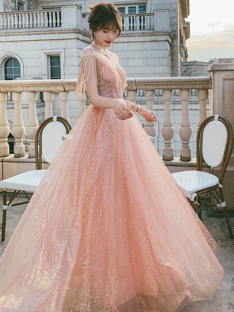 Pink Tulle Round Neckline Long Prom Dress Party Dress, A-line Cap Sleeves Prom Dress Formal Dress
