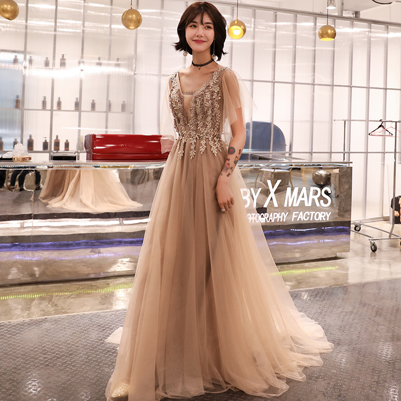 Champagne V-neckline Lace Tulle Long Formal Dress With Lace Applique, A-line Party Dress Evening Dress